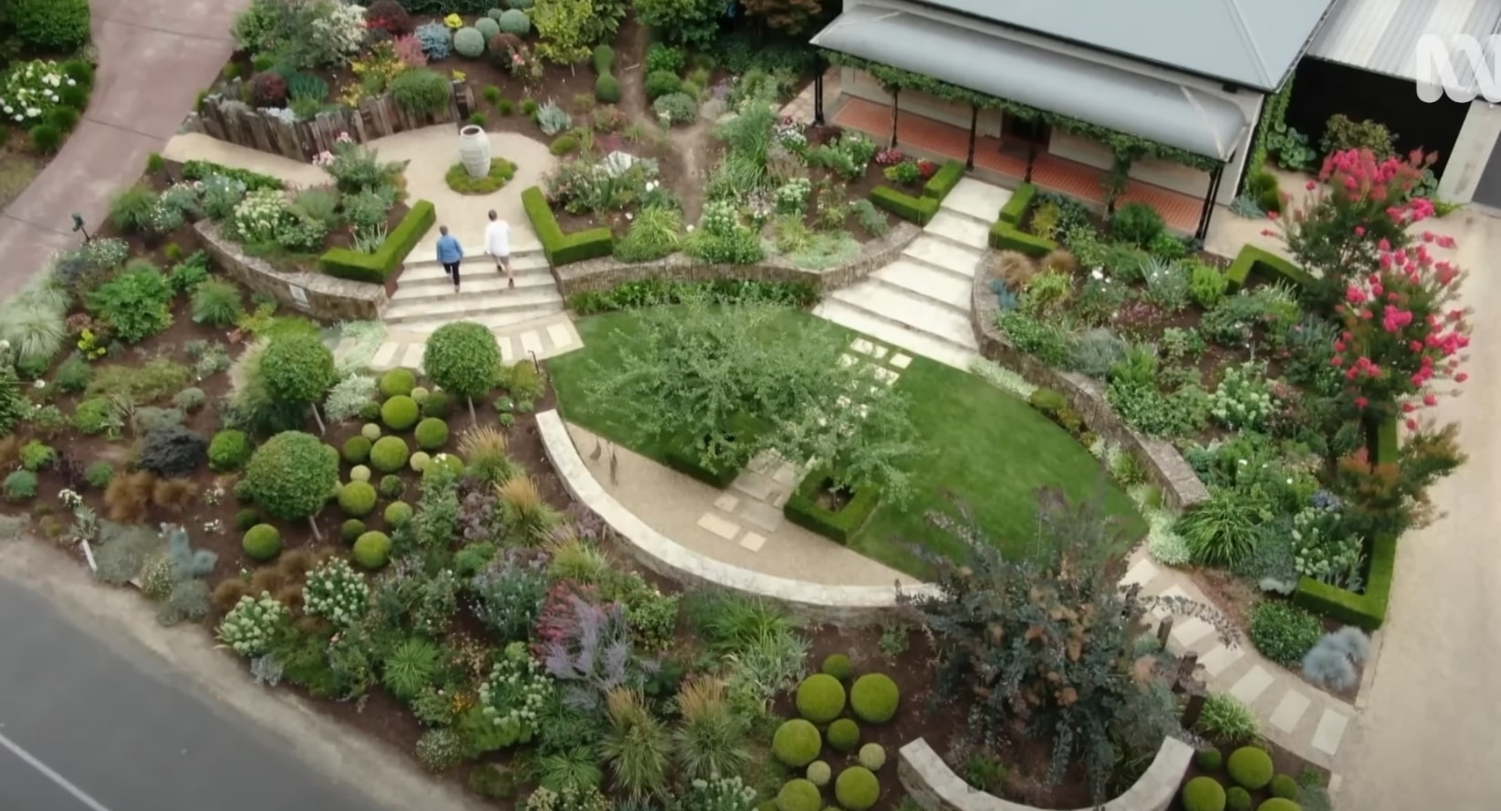 Detailed aerial view of professional landscape design showing garden layout and design planning